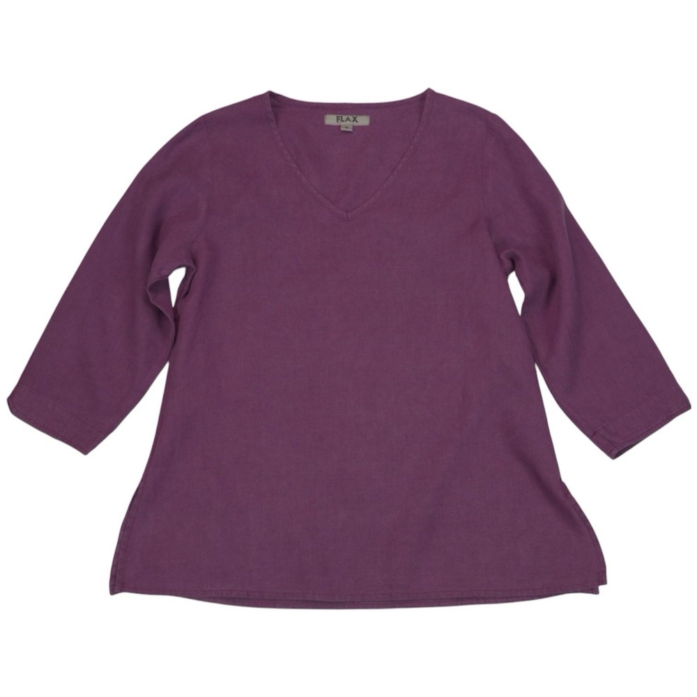 FLAX 100% Linen Top Womens Small Purple V Neck 3/4 Sleeve Relaxed Boho